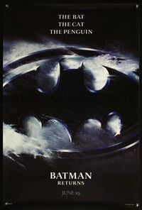 4m213 BATMAN RETURNS June 19 teaser 1sh '92 Michael Keaton, Danny DeVito, Michelle Pfeiffer