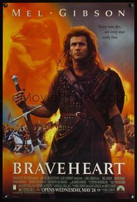 4m269 BRAVEHEART advance 1sh '95 cool image of Mel Gibson as William Wallace!