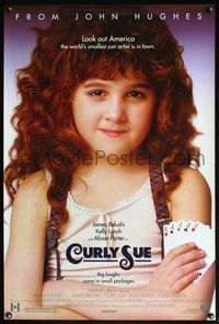 4m374 CURLY SUE 1sh '91 John Hughes, close-up of young con artist Alisan Porter holding 4 aces!