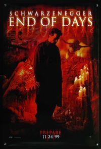 4m462 END OF DAYS DS teaser 1sh '99 grizzled Arnold Schwarzenegger, cool creepy horror images!