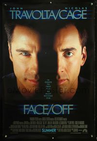 4m498 FACE/OFF DS int'l advance 1sh '97 John Travolta and Nick Cage switch faces, John Woo sci-fi!