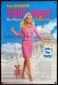 4m646 LEGALLY BLONDE 2 DS int'l 1sh '03 Reese Witherspoon walking her dog on steps of the Capitol!