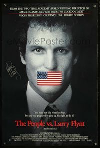 4m045 PEOPLE VS. LARRY FLYNT DS 1sh '96 signed by Woody Harrelson as founder of Hustler Magazine!