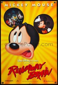 4m720 RUNAWAY BRAIN DS 1sh '95 Disney, great huge Mickey Mouse Jekyll & Hyde cartoon image!