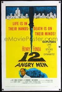 4p009 12 ANGRY MEN linen 1sh '57 murder knife + art & photo of Henry Fonda & jury deliberating!