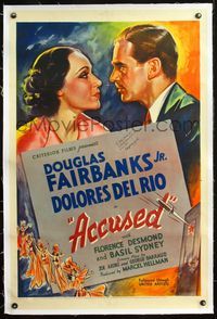 4p016 ACCUSED signed linen 1sh '36 by Douglas Fairbanks Jr., who's face-to-face w/Dolores Del Rio!