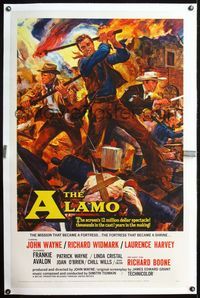 4p021 ALAMO linen 1sh '60 Reynold Brown art of fighting John Wayne & Richard Widmark!