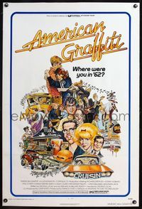 4p027 AMERICAN GRAFFITI linen 1sh '73 George Lucas teen classic, it was the time of your life!