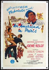 4p028 AMERICAN IN PARIS linen 1sh '51 wonderful art of Gene Kelly dancing with sexy Leslie Caron!