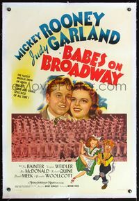 4p035 BABES ON BROADWAY linen style C 1sh '41 art of Mickey Rooney & Judy Garland by Al Hirschfeld!