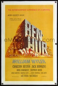 4p047 BEN-HUR linen 1sh '60 Charlton Heston, William Wyler classic religious epic, cool chariot art!