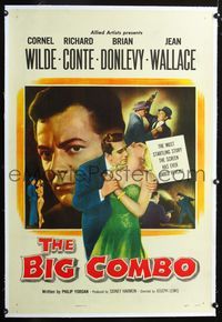 4p050 BIG COMBO linen 1sh '55 art of Cornel Wilde & sexy Jean Wallace, classic film noir!