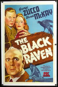 4p059 BLACK RAVEN linen 1sh '43 art of George Zucco, Wanda McKay & Robert Livingston + bird on sign!