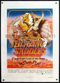 4p061 BLAZING SADDLES linen 1sh '74 classic Mel Brooks western, art of Cleavon Little by John Alvin!