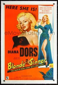 4p063 BLONDE SINNER linen 1sh '56 two images of sexiest bad girl Diana Dors full-length & close up!