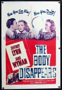 4p065 BODY DISAPPEARS linen 1sh '41 wacky image of Jane Wyman & invisible man Jeffrey Lynn!