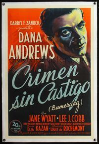 4p067 BOOMERANG linen Spanish/U.S. 1sh '47 different c/u art of Dana Andrews, Elia Kazan film noir!