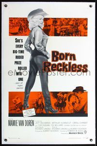 4p068 BORN RECKLESS linen 1sh '59 great full-length image of sexy rodeo cowgirl Mamie Van Doren!