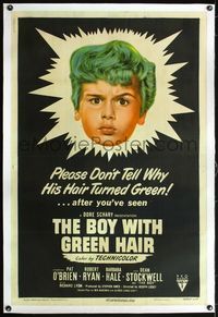 4p069 BOY WITH GREEN HAIR linen 1sh '48 wacky headshot of Dean Stockwell,a kid who wants to end war!