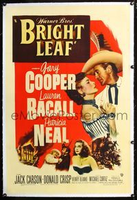 4p070 BRIGHT LEAF linen 1sh '50 great romantic close up of Gary Cooper & sexy Lauren Bacall!