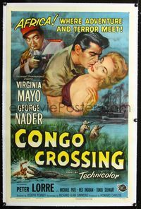 4p094 CONGO CROSSING linen 1sh '56 art of Peter Lorre pointing gun at Virginia Mayo & George Nader!