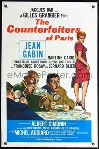 4p101 COUNTERFEITERS OF PARIS linen 1sh '61 Jean Gabin inspects money with magnifying glass!