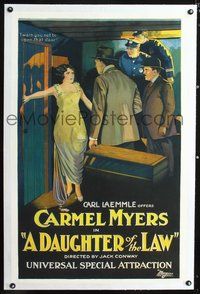 4p109 DAUGHTER OF THE LAW linen 1sh '21 stone litho of Carmel Myers refusing entry to the police!