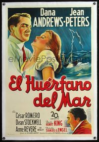 4p110 DEEP WATERS linen Spanish/U.S. 1sh '48 stone litho of Dana Andrews holding sexy Jean Peters!