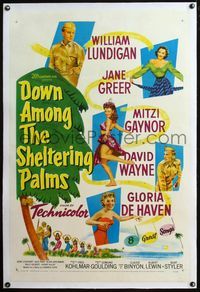 4p116 DOWN AMONG THE SHELTERING PALMS linen 1sh '53 sexy Jane Greer, Mitzi Gaynor & Gloria De Haven!