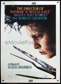 4p122 EDWARD SCISSORHANDS linen 1sh '90 Tim Burton classic, best close up of scarred Johnny Depp!