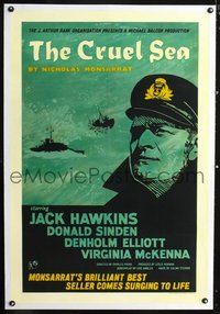 4p104 CRUEL SEA linen English 1sh '53 cool art of ship captain Jack Hawkins with ships at sea!