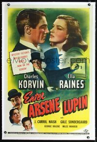 4p128 ENTER ARSENE LUPIN linen 1sh '44 romantic close up of Charles Korvin and pretty Ella Raines!