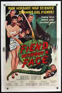 4p138 FIEND WITHOUT A FACE linen 1sh '58 big brain & girl in towel, mad science spawns evil fiends!