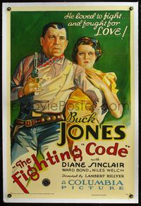 4p140 FIGHTING CODE linen 1sh '33 stone litho of Buck Jones, who loved to fight & fought for love!