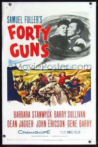 4p153 FORTY GUNS linen 1sh '57 Samuel Fuller, art of Barbara Stanwyck & Barry Sullivan on horseback!