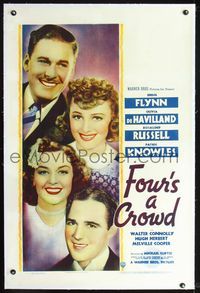 4p155 FOUR'S A CROWD linen 1sh '38 Errol Flynn, Olivia de Havilland, Rosalind Russell, Knowles