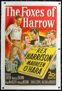 4p156 FOXES OF HARROW linen 1sh '47 20th Century Fox stone litho of Rex Harrison & Maureen O'Hara!