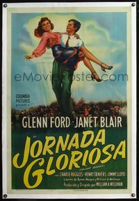 4p160 GALLANT JOURNEY linen Spanish/U.S. 1sh '46 different art of Glenn Ford carrying sexy Janet Blair!