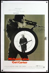 4p163 GET CARTER linen 1sh '71 great image of Michael Caine holding shotgun in assassin's scope!