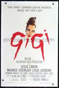 4p165 GIGI linen 1sh '58 cool artwork of Leslie Caron, Best Director & Best Picture winner!