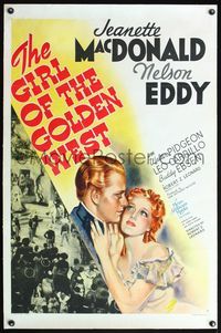 4p168 GIRL OF THE GOLDEN WEST linen style C 1sh '38 stone litho of Jeanette MacDonald & Nelson Eddy!