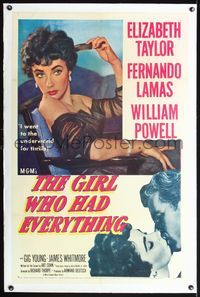 4p169 GIRL WHO HAD EVERYTHING linen 1sh '53 close up of sexiest Elizabeth Taylor combing her hair!