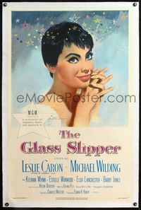 4p171 GLASS SLIPPER linen 1sh '55 wonderful close up art of pretty Leslie Caron by Jon Weintraub!