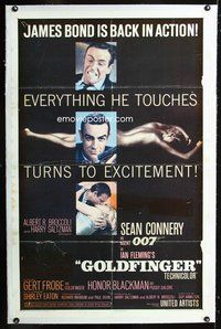 4p176 GOLDFINGER linen 1sh '64 three great images of Sean Connery as James Bond 007!