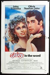 4p180 GREASE linen 1sh '78 close up of John Travolta & Olivia Newton-John in a most classic musical!