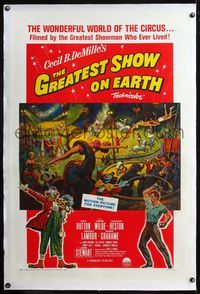 4p185 GREATEST SHOW ON EARTH linen 1sh R61 different art of Heston, Stewart & circus performers!