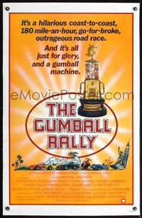 4p189 GUMBALL RALLY linen style B 1sh '76 cross country car racing art & gumball machine trophy!