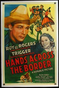 4p193 HANDS ACROSS THE BORDER linen 1sh '43 wonderful close up artwork of cowboy Roy Rogers!