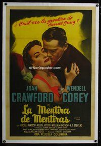4p195 HARRIET CRAIG linen Spanish/U.S. 1sh '50 wonderful romantic c/u of Joan Crawford & Wendell Corey!
