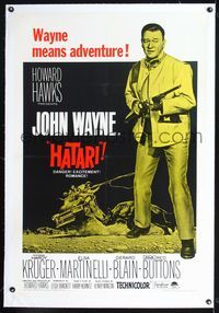 4p197 HATARI linen 1sh R67 great full-length image of John Wayne with hunting rifle, Howard Hawks